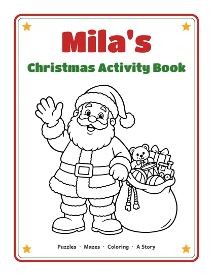 Personalized Christmas activity book cover with the child's name