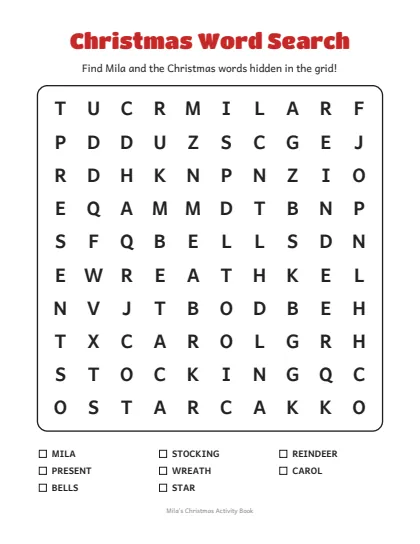Word search page with the child's name